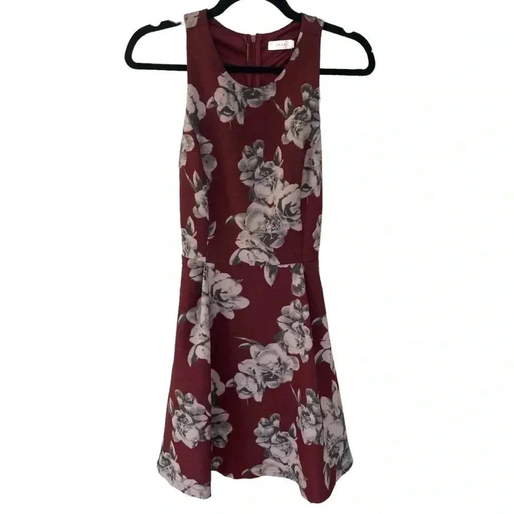 Lush Burgundy Floral Skater Sleeveless Dress Flare Skirt